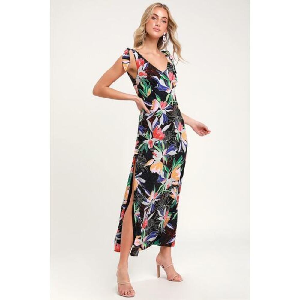 LULUS Beloved Becky Black Long Tropical Floral Maxi Dress Size Small